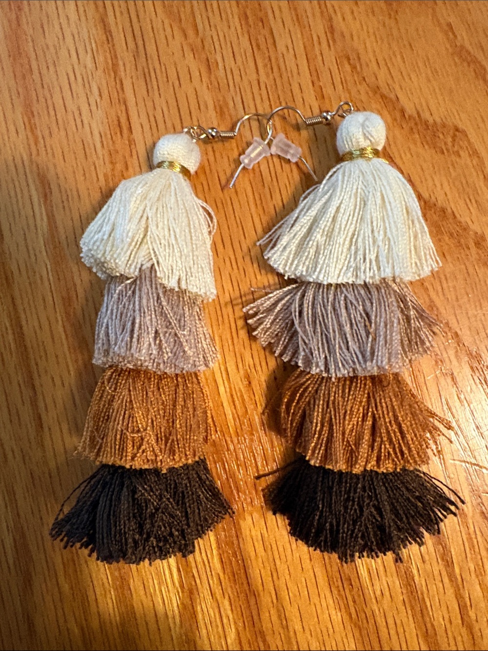 Tiered Tassel Drop Earrings in Cream, Taupe, Gold & Black
